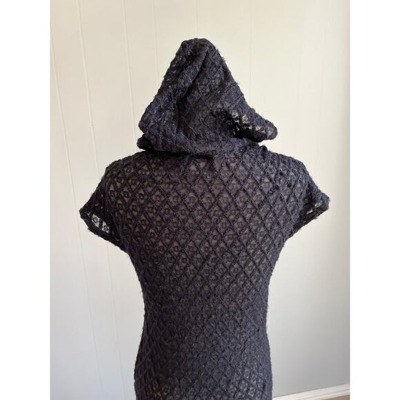 Vintage Y2K Black Sheer Stretchy Hoodie Top Medium Whimsigoth Mesh Gauzy Witchy - Picture 7 of 16